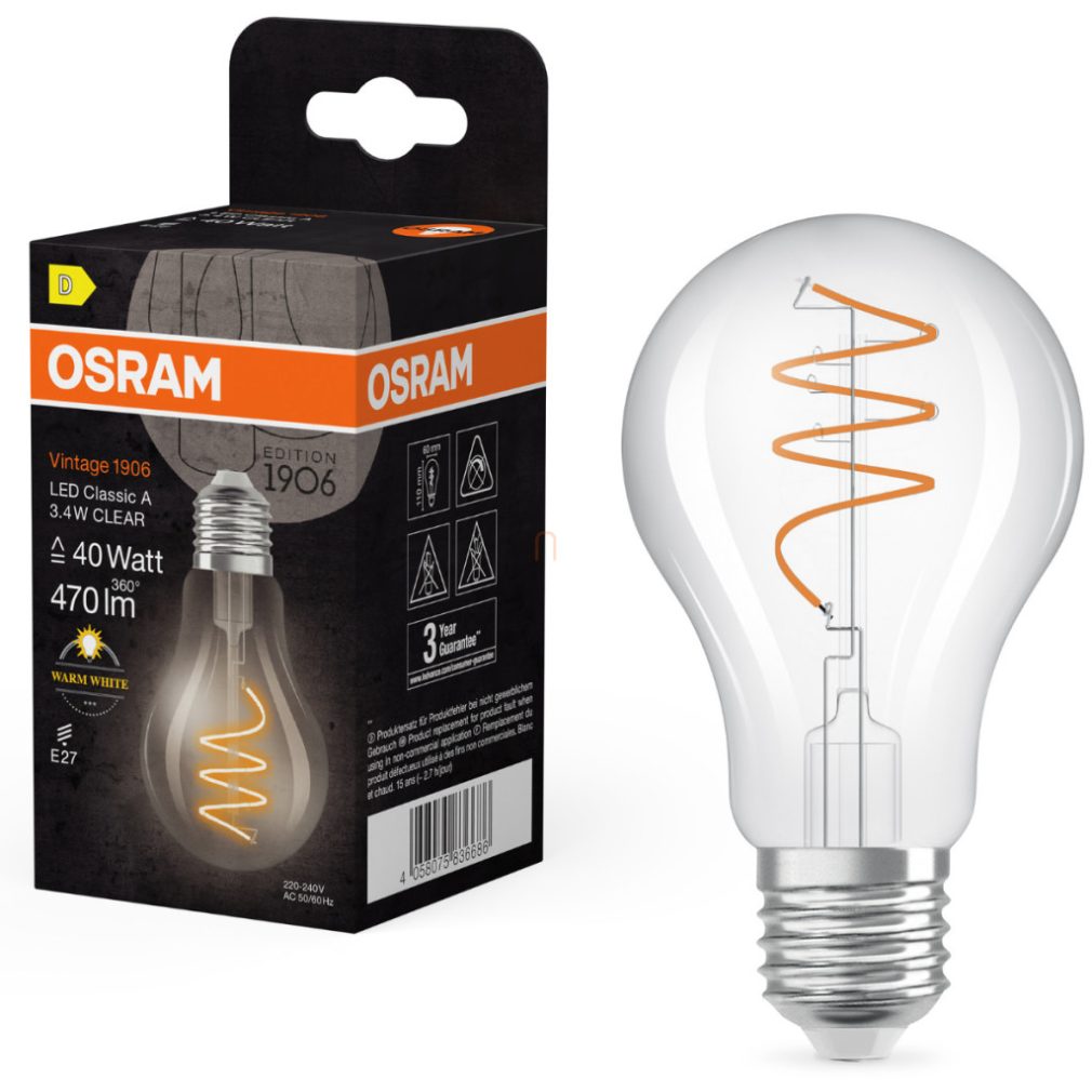 Osram E27 LED Vintage, 3,4 W, 470 lm, 2700 K, alb cald, sticlă transparentă - înlocuiește becul de 40 W - Vintage 1906 Classic A60