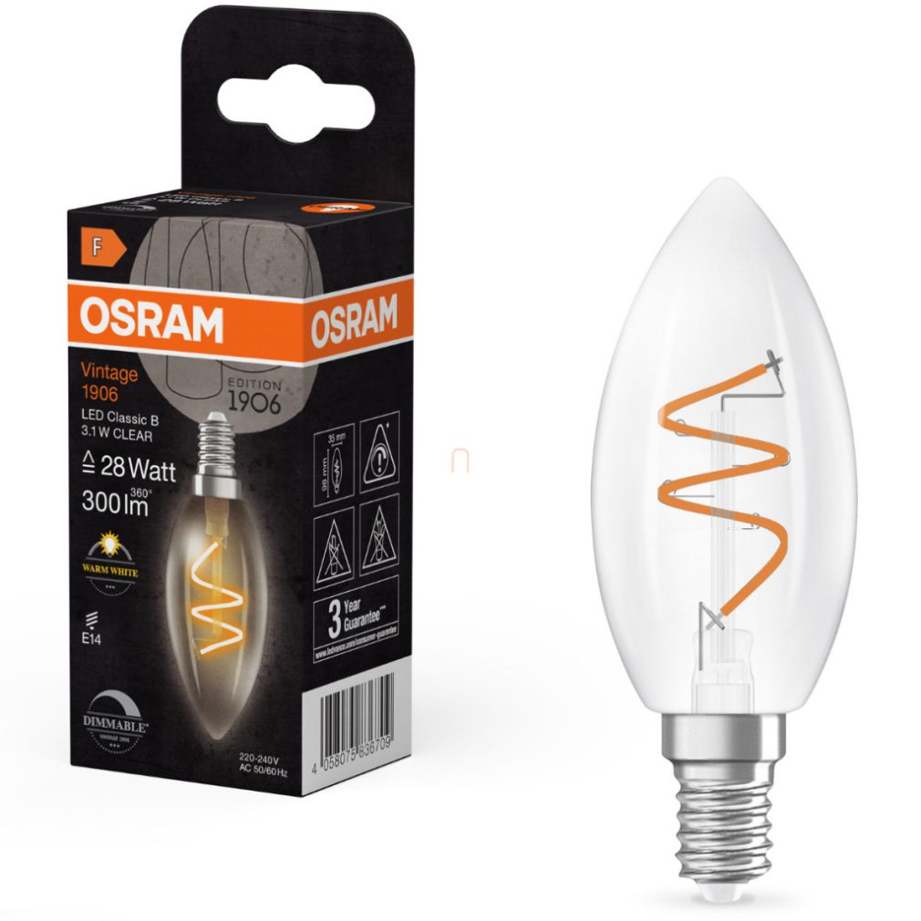 Lămpă LED Osram E14, 3,1 W, 300 lm, 2700 K, alb cald, dimabilă, sticlă transparentă - înlocuiește becul de 25 W - Vintage 1906 Classic B35
