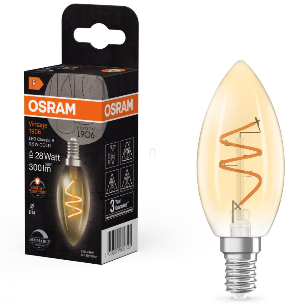 Lămpă LED Osram E14, 3,5 W, 300 lm, 2200 K, lumina de lumânare, reglabilă, sticlă aurie - înlocuiește becul de 25 W - Vintage 1906 Classic B35