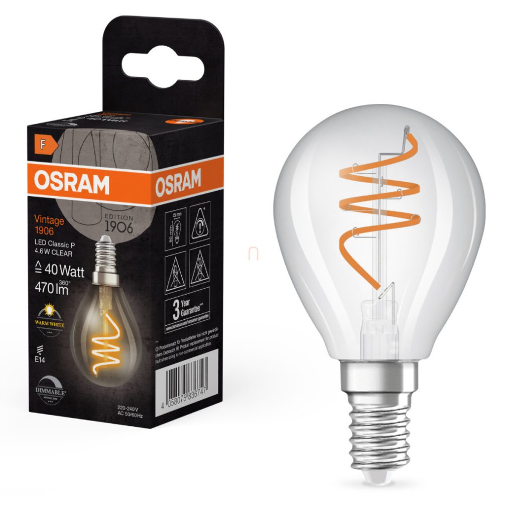 Osram E14 LED globule, 4,6W, 470 lm, 2700 K, alb cald, dimabil, sticlă transparentă - înlocuiește becul de 40 W - Vintage 1906 Classic P45