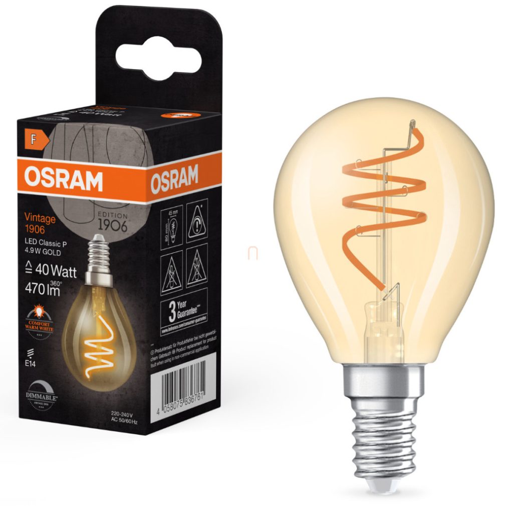 Osram E14 LED bulb, 4,9W, 470 lm, 2200 K, lumina candela, dimabil, sticlă aurie - înlocuiește becul de 40 W - Vintage 1906 Classic P45 Gold