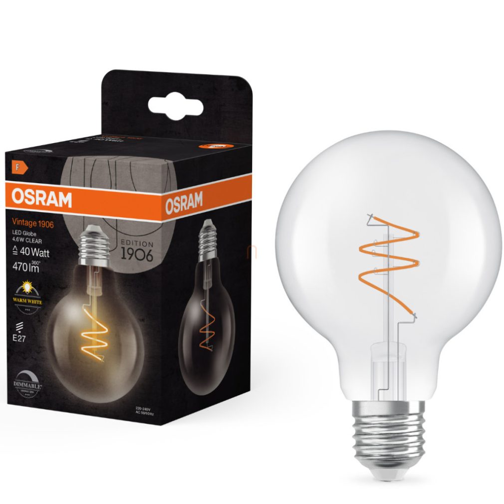 Osram E27 LED Vintage, 4,6W, 470 lm, 2700 K, alb cald, dimabil, sticlă transparentă - înlocuiește becul de 40 W - Vintage 1906 Classic G80