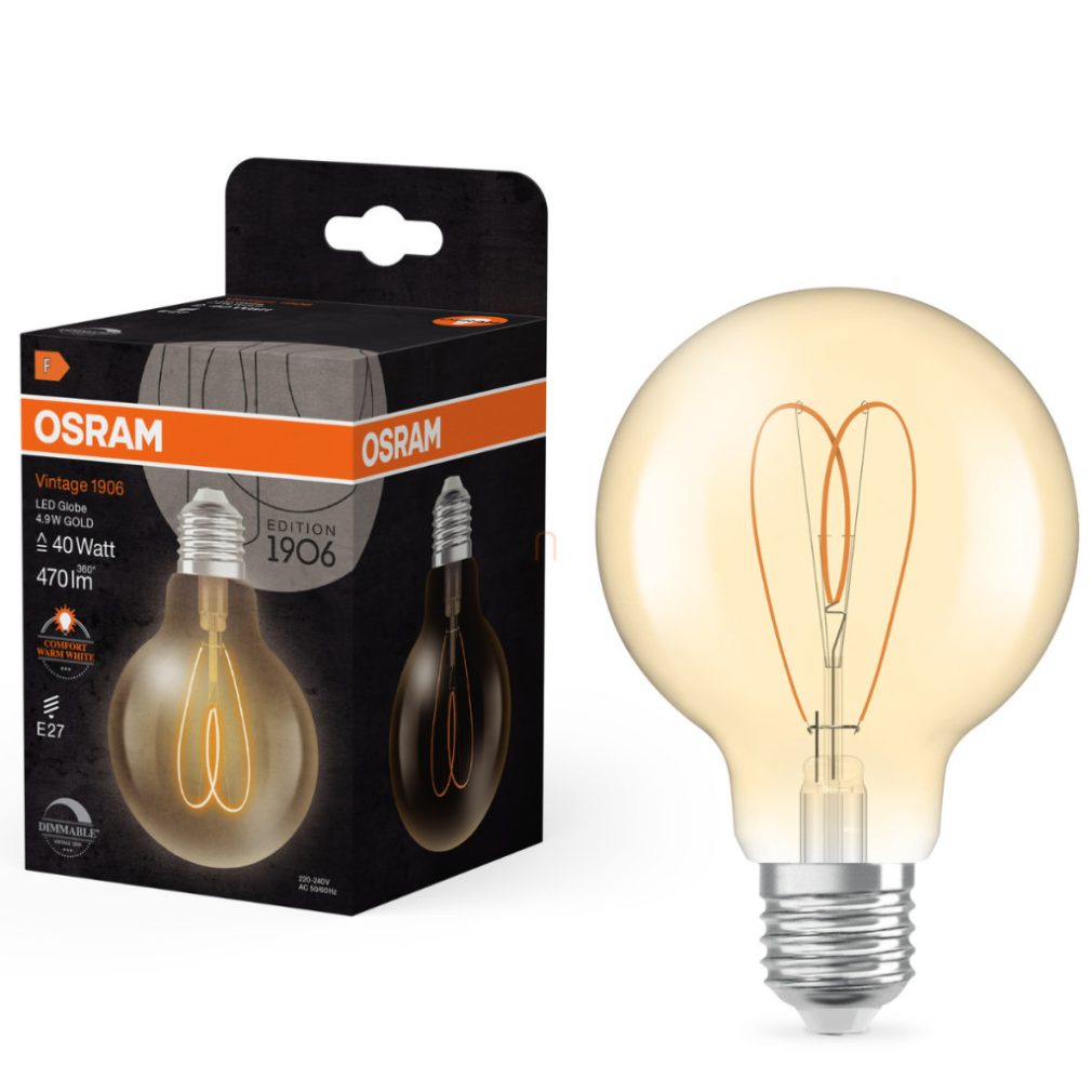 Osram E27 LED Vintage, 4,9 W, 470 lm, 2200 K, lumina de lumânare, reglabilă, sticlă aurie - înlocuiește becul de 40 W - Vintage 1906 Classic Heart Filament