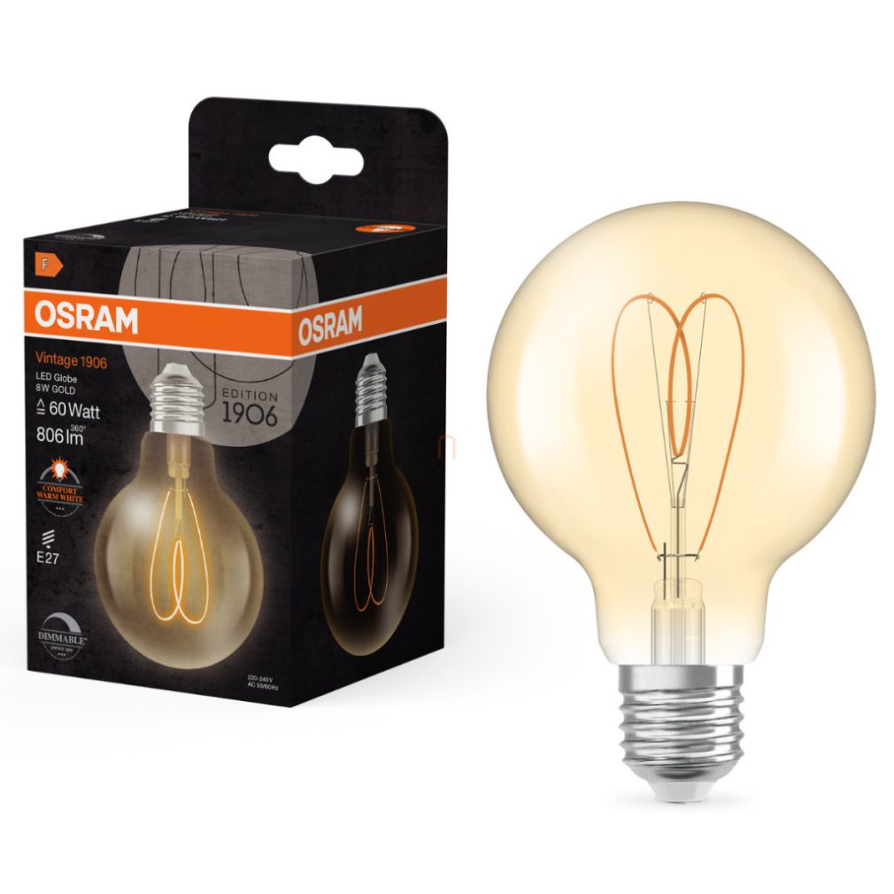 Osram E27 LED Vintage, 8W, 806 lm, 2200 K, lumina de lumânare, reglabilă, sticlă aurie - înlocuiește becul de 60 W - Vintage 1906 Classic Heart Filament