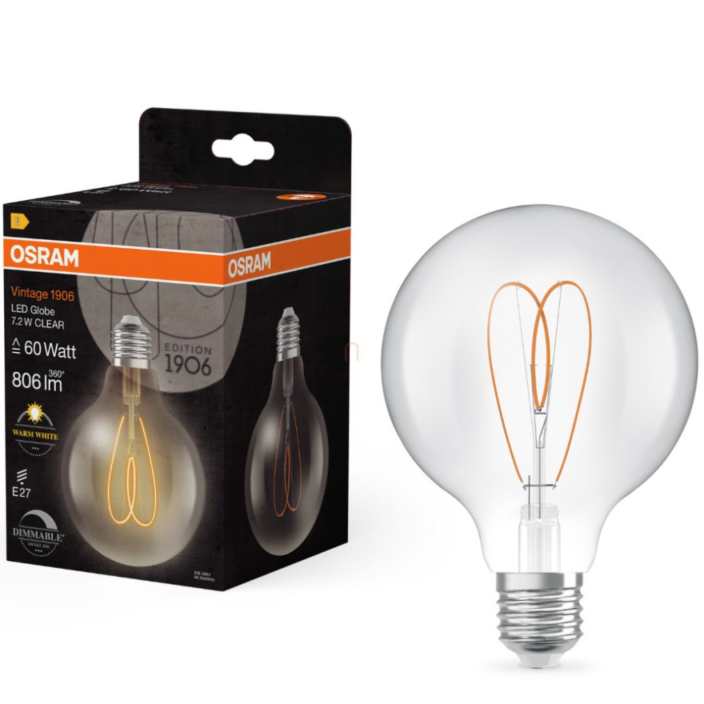Osram E27 LED Vintage, 7,2W, 806 lm, 2700 K, alb cald, dimabil, sticlă transparentă - înlocuiește becul de 60 W - Vintage 1906 Classic G95 Clear