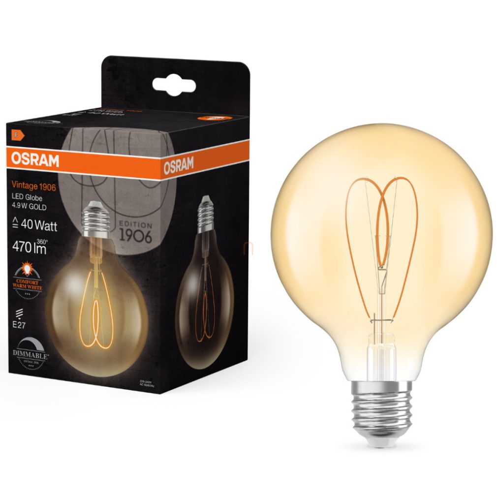 Osram E27 LED Vintage, 4,9 W, 470 lm, 2200 K, lumina de lumânare, reglabilă, sticlă aurie - înlocuiește becul de 40 W - Vintage 1906 Classic Heart Filament G95 Gold