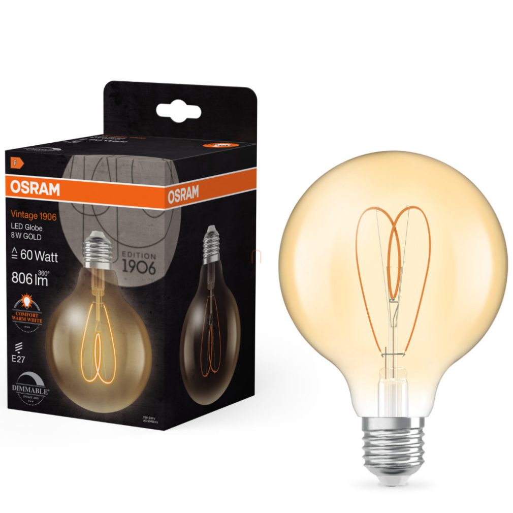 Osram E27 LED Vintage, 8W, 806 lm, 2200 K, lumina de lumânare, reglabilă, sticlă aurie - înlocuiește becul de 60 W - Vintage 1906 Classic Heart Filament G95 Gold