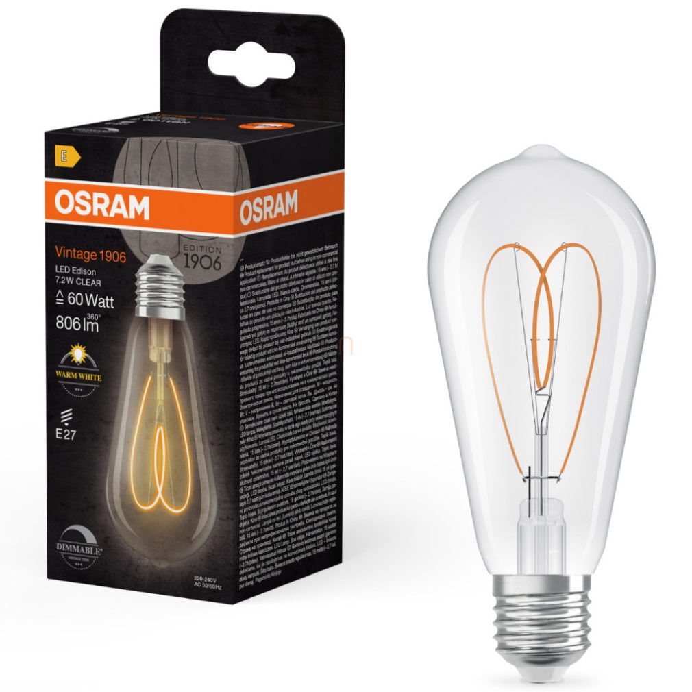 Osram E27 LED Vintage, 7,2W, 806 lm, 2700 K, alb cald, dimabil, sticlă transparentă - înlocuiește becul de 60 W - Vintage 1906 Classic ST64