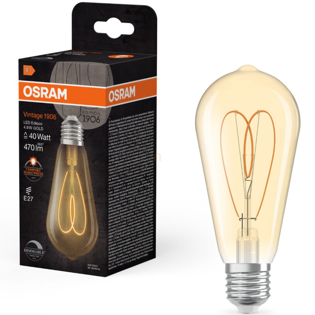 Osram E27 LED Vintage, 4,9 W, 470 lm, 2200 K, lumina candela, reglabilă, sticlă aurie - înlocuiește becul de 40 W - Vintage 1906 Classic Heart Filament ST64