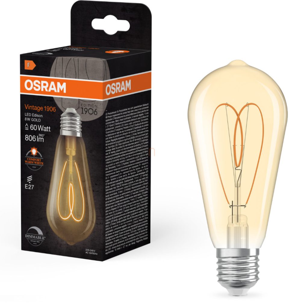 Osram E27 LED Vintage, 8W, 806 lm, 2200 K, lumina de lumânare, reglabilă, sticlă aurie în locul becului de 60 W - Vintage 1906 Classic Classic Heart Filament ST64