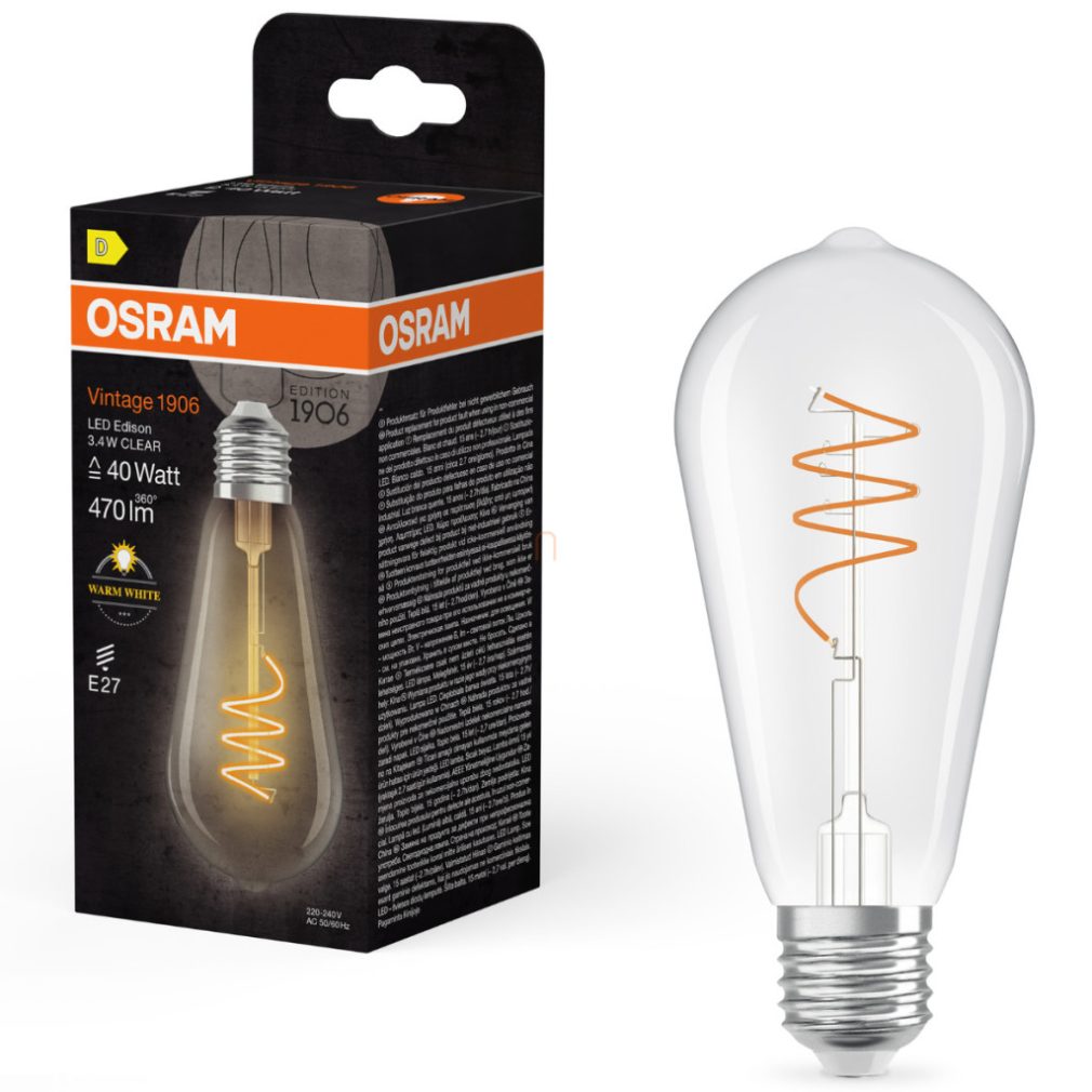 Osram E27 LED Vintage, 3,4W, 470 lm, 2700 K, alb cald, sticlă transparentă - înlocuiește becul de 40 W - Vintage 1906 Classic ST64