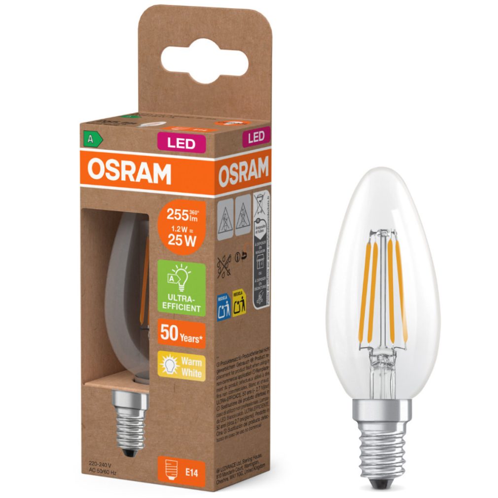 Lămpă LED Osram E14, 1,2 W, 255 lm, 2700 K, alb cald, sticlă transparentă - înlocuiește becul de 25 W - Superstar+ Classic B filament