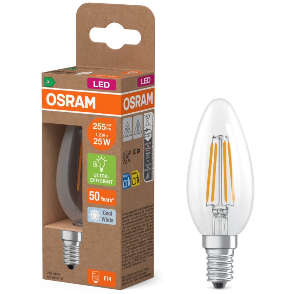 Lămpă LED Osram E14, 1,2 W, 255 lm, 4000 K, alb rece, sticlă transparentă - înlocuiește becul de 25 W - Superstar+ Classic B filament