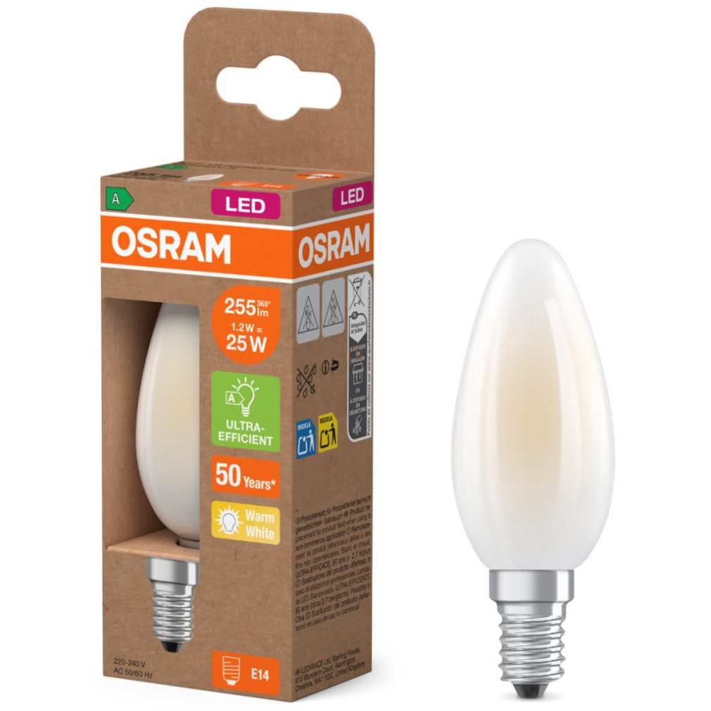 Lămpi LED Osram E14, 1,2 W, 255 lm, 2700 K, alb cald, sticlă opală - înlocuiesc becurile de 25 W - Superstar+ Classic B