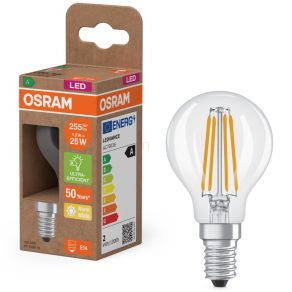   Osram E14 LED glob mic, 1,2 W, 255 lm, 2700 K, alb cald, sticlă transparentă - înlocuiește becul de 25 W - Superstar+ Classic P filament