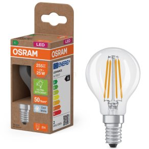   Osram E14 LED glob mic, 1,2 W, 255 lm, 4000 K, alb rece, sticlă transparentă - înlocuiește becul de 25 W - Superstar+ Classic P filament