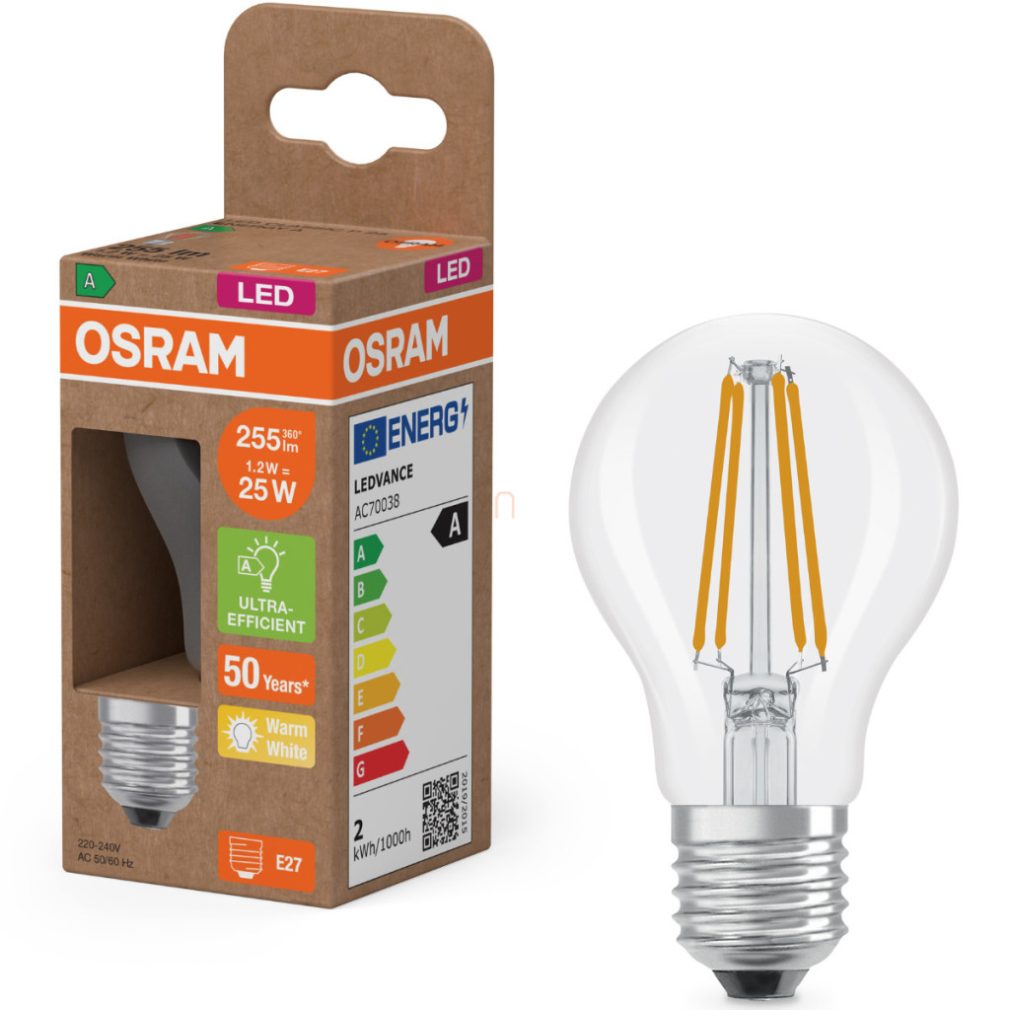 Osram E27 LED globule, 1,2 W, 255 lm, 2700 K, alb cald, sticlă transparentă - înlocuiește becul de 25 W - Superstar+ Classic P filament