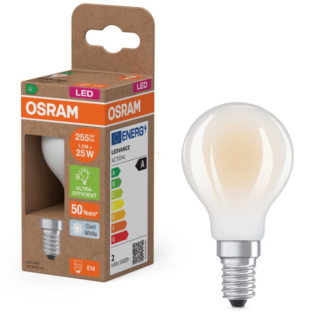 Osram E14 LED globule, 1,2 W, 255 lm, 4000 K, alb rece, sticlă opală - înlocuiește becul incandescent de 25 W - Superstar+ Classic P