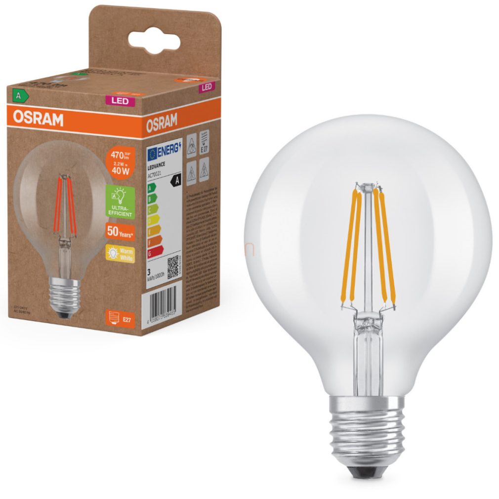 Osram E27 LED glob mare, 2,2 W, 470 lm, 2700 K, alb cald, sticlă transparentă - înlocuiește becul de 40 W - Superstar+ Classic Globe filament