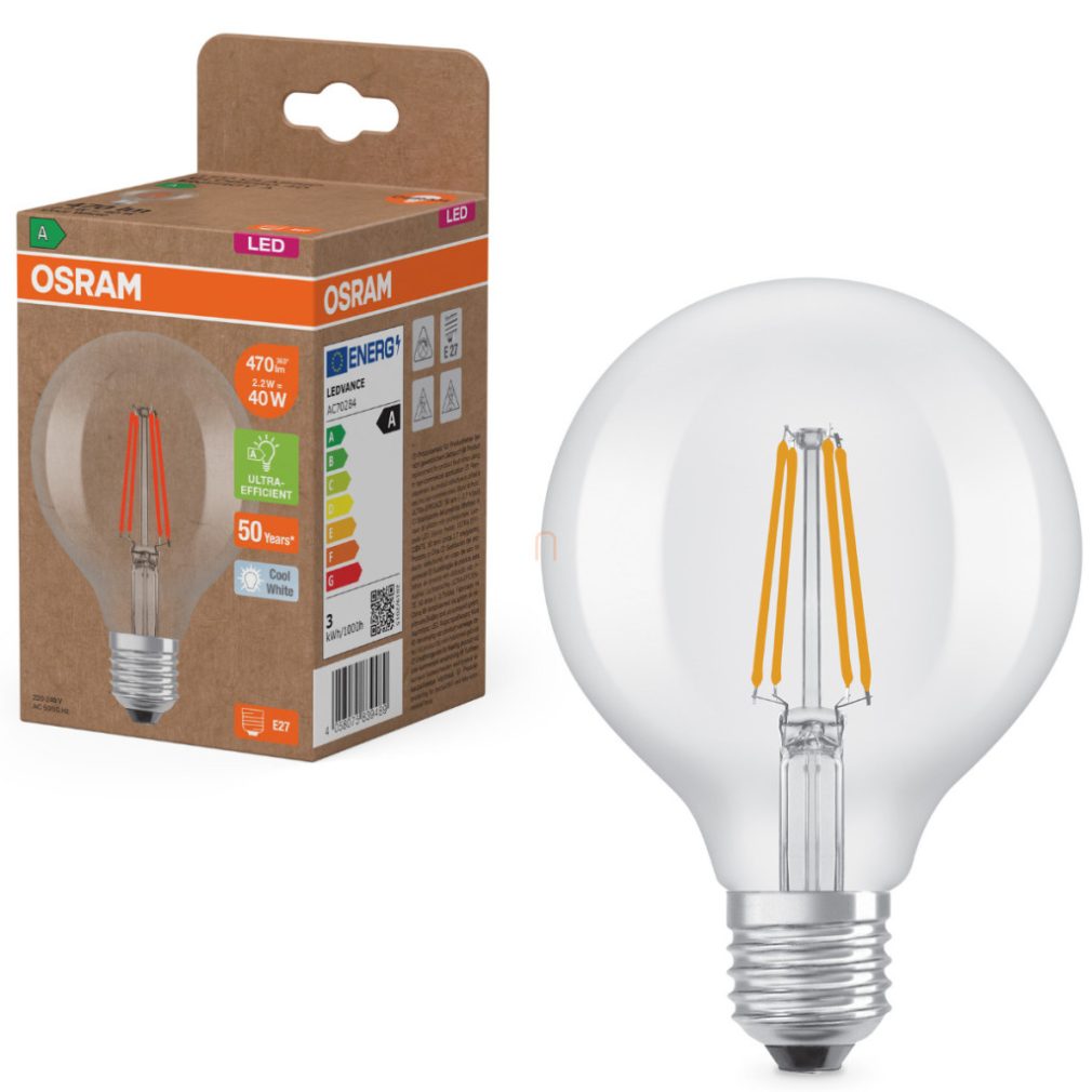 Osram E27 LED glob mare, 2,2 W, 470 lm, 4000 K, alb rece, sticlă transparentă - înlocuiește becul de 40 W - Superstar+ Classic Globe filament