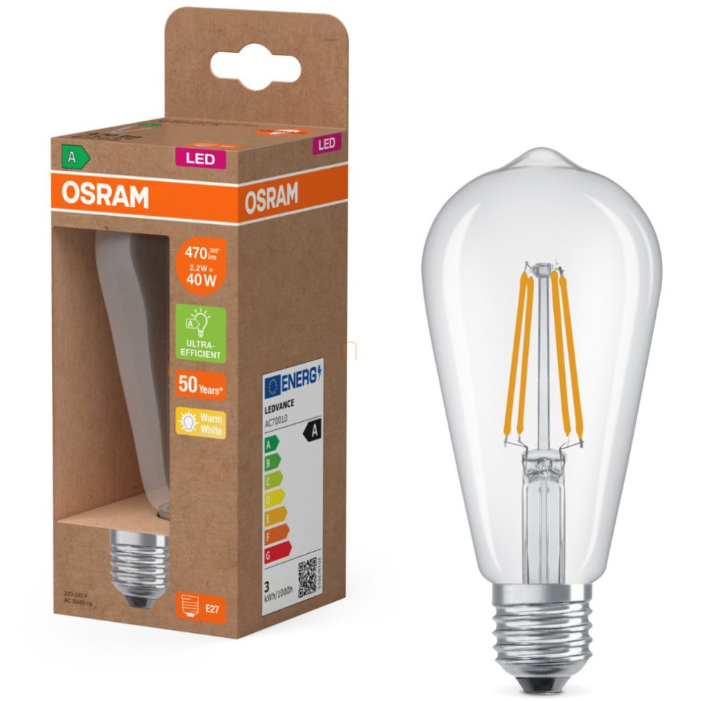Osram E27 LED Edison 2,2W, 470 lm, 2700 K, alb cald, sticlă transparentă - înlocuiește becul de 40 W - Superstar+ Classic Edison filament