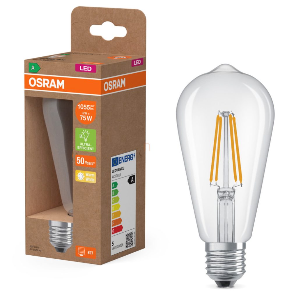 Osram E27 LED Edison, 5W, 1055 lm, 2700 K, alb cald, sticlă transparentă - înlocuiește becul de 75 W - Superstar+ Classic Edison filament