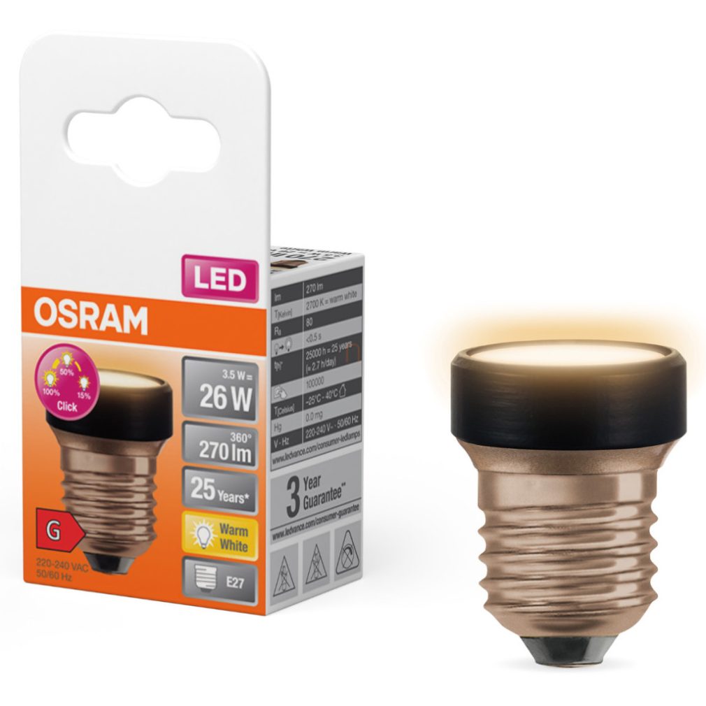 Osram E27 LED 3,5W, 270 lm, 2700 K, alb cald, reglabil în 3 trepte, opal, plastic negru - înlocuiește becul de 25 W - Star Flat 3 Step DIM