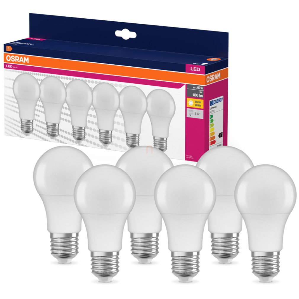 Osram E27 LED 8W, 806 lm, 2700 K, alb cald, plastic opal - înlocuiește becul normal de 60 W, 6 bucăți - Value Classic A