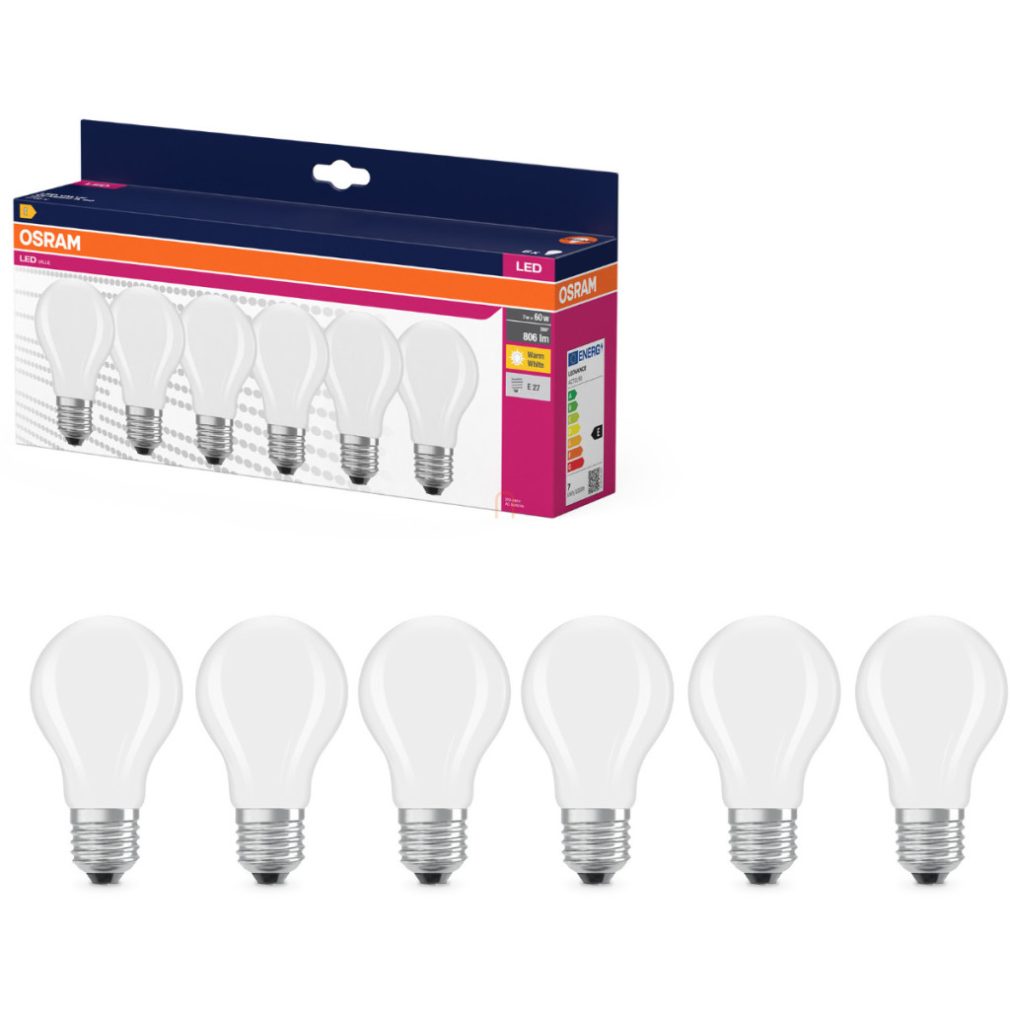 Osram E27 LED 6,5W, 806 lm, 2700 K, alb cald, sticlă opală - înlocuiește becul normal de 60 W, 6 bucăți - Value Classic A