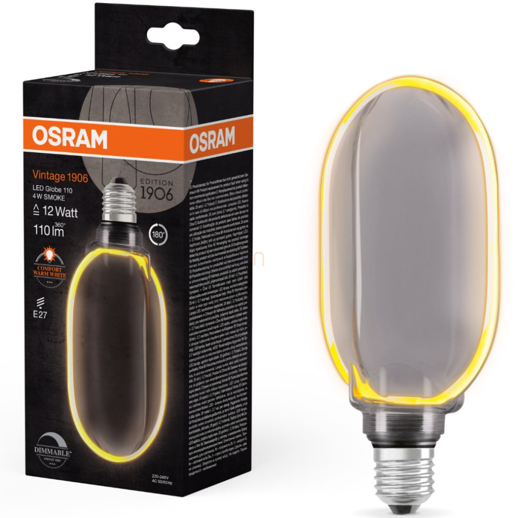 Osram E27 LED 4W, 110 lm, 1800 K, lumina de lumânare, cu intensitate reglabilă, sticlă fumurie - înlocuiește becul incandescent de 10 W - Vintage 1906 DIM Classic Globe100 100 filament fumuriu