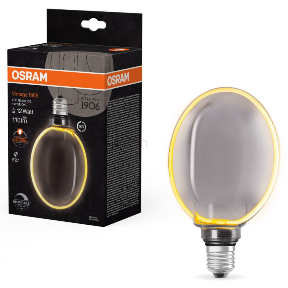Osram E27 LED 4W, 110 lm, 1800 K, lumina de lumânare, reglabilă, sticlă fumurie - înlocuiește becul incandescent de 10 W - Vintage 1906 DIM Classic Globe130 Smoke filament