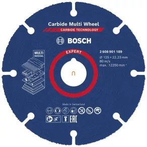   Disc de tăiere Bosch 125 mm din carbură (2608901189) Materiale care pot fi prelucrate: lemn, metale feroase, tablă de aluminiu, plastic