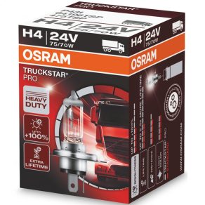   Far halogen Osram Truckstar Pro H4 pentru camioane, 24 V, temperatură de culoare 3200 K, flux luminos 1900/1200 lumeni, rezistență ridicată la vibrații, durată lungă de viață, 64196TSP, 1 buc./cutie