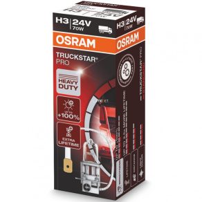   Far halogen Osram Truckstar Pro H3 pentru camioane, 24 V, 3200 K, 1750 lumeni, până la 120% mai luminos, rezistență ridicată la vibrații, durată lungă de viață, 64156TSP, 1 buc./cutie