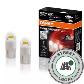   Bec de semnalizare LED Osram Night Breaker W5W omologat, temperatură de culoare 5700K, polaritate universală, soclu W2.1x9.5d, omologat pentru utilizare pe drumurile publice, 2825DWNB, 2 bucăți/pachet