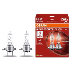   Bec halogen Osram Night Breaker Silver H7 pentru mașini, durată de viață extra lungă, luminozitate cu până la 100% mai mare, rază de lumină de 130 metri, soclu PX26d, 64210NBS-2HB, 2 bucăți/pachet