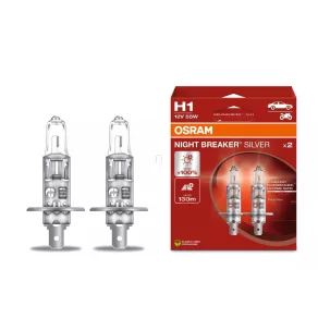   Bec halogen pentru faruri Osram Night Breaker Silver H1, luminozitate suplimentară de până la 100%, rază de lumină de 130 de metri, 1550 lumeni, 3200 Kelvin, raport excelent preț-performanță, P14.5s, 64150NBS-2HB, 2 bucăți/pachet