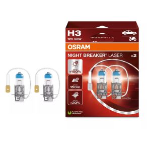   Bec halogen pentru faruri Osram Night Breaker Laser H3, 12 V, 55 W, 1450 lm, soclu PK22s, luminozitate de până la +150%, 64151NL-2HB, 2 buc./pachet