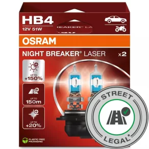   Bec halogen pentru faruri Osram Night Breaker Laser HB4, cu o luminozitate cu până la 150% mai mare, omologat pentru utilizarea pe drumurile publice, durată lungă de viață, 9006NL-2HB, 2 buc./pachet