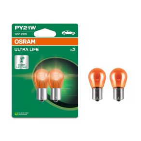   Bec indicator Osram Ultra Life PY21W, 12 V, soclu BAU15s, lumină galbenă, durată de viață de până la patru ori mai lungă, 7507ULT-2BL, 2 bucăți/ambalaj blister