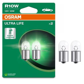   Bec indicator Osram Ultra Life R10W, 12 V, soclu BA15s, dimensiuni reduse, putere luminoasă de 125 lumeni, durată de viață de până la patru ori mai lungă, 5008ULT-2BL, 2 bucăți/ambalaj blister
