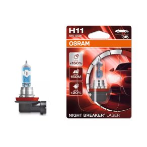   Bec halogen Osram Night Breaker Laser H11 pentru faruri, utilizabil legal pe drumurile publice, luminozitate cu până la 150% mai mare, rază de lumină de 150 m, 64211NL-1BL, 1 bucată/ambalaj blister