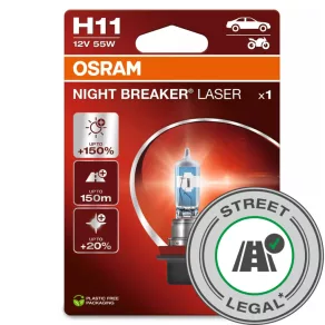   Bec halogen pentru faruri Osram Night Breaker Laser H11, omologat pentru utilizarea pe drumurile publice, cu o luminozitate cu până la 150% mai mare, rază de iluminare de 150 m, 64211NL-1BL, 1 bucată/blister