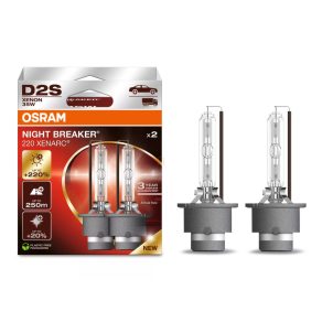   Far xenon Osram Xenarc Night Breaker +220% D2S, luminozitate de până la 220%, 3200 lumeni, 4500 K, fascicul de 250 metri, soclu P32d-2, 66240XN2-2HB, 2 bucăți/pachet