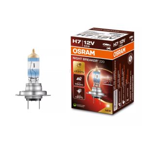   Bec halogen Osram Night Breaker +220% H7, luminozitate cu până la 220% mai mare, fascicul luminos de 150 m, lumină cu 20% mai albă, capac auriu premium, 64210NB220, 1 bucată/cutie