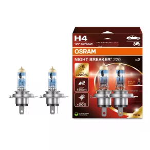   Bec halogen Osram Night Breaker +220% H4, luminozitate cu până la 220% mai mare, fascicul luminos de 150 m, lumină cu 20% mai albă, capac auriu premium, 64193NB220-2HB, 2 bucăți/cutie