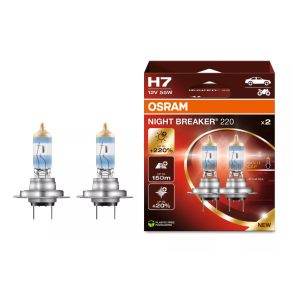   Bec halogen Osram Night Breaker +220% H7, luminozitate cu până la 220% mai mare, fascicul luminos de 150 m, bec H7 premium, 64210NB220-2HB, 2 bucăți/pachet
