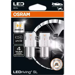   Sursă de lumină LED Osram LEDriving SL P21W de culoare galben-chihlimbar, lumină de semnalizare cu timp de reacție rapid, ≙ P21W, soclu BA15s, 7506DYP-2BL, 2 buc./blister