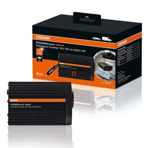   Invertor cu undă sinusoidală modificată Osram POWERinvert 150 W, 12 V c.c. la 230 V c.a., cu priză USB de 2,1 A, pentru dispozitive mobile, OEINVU150