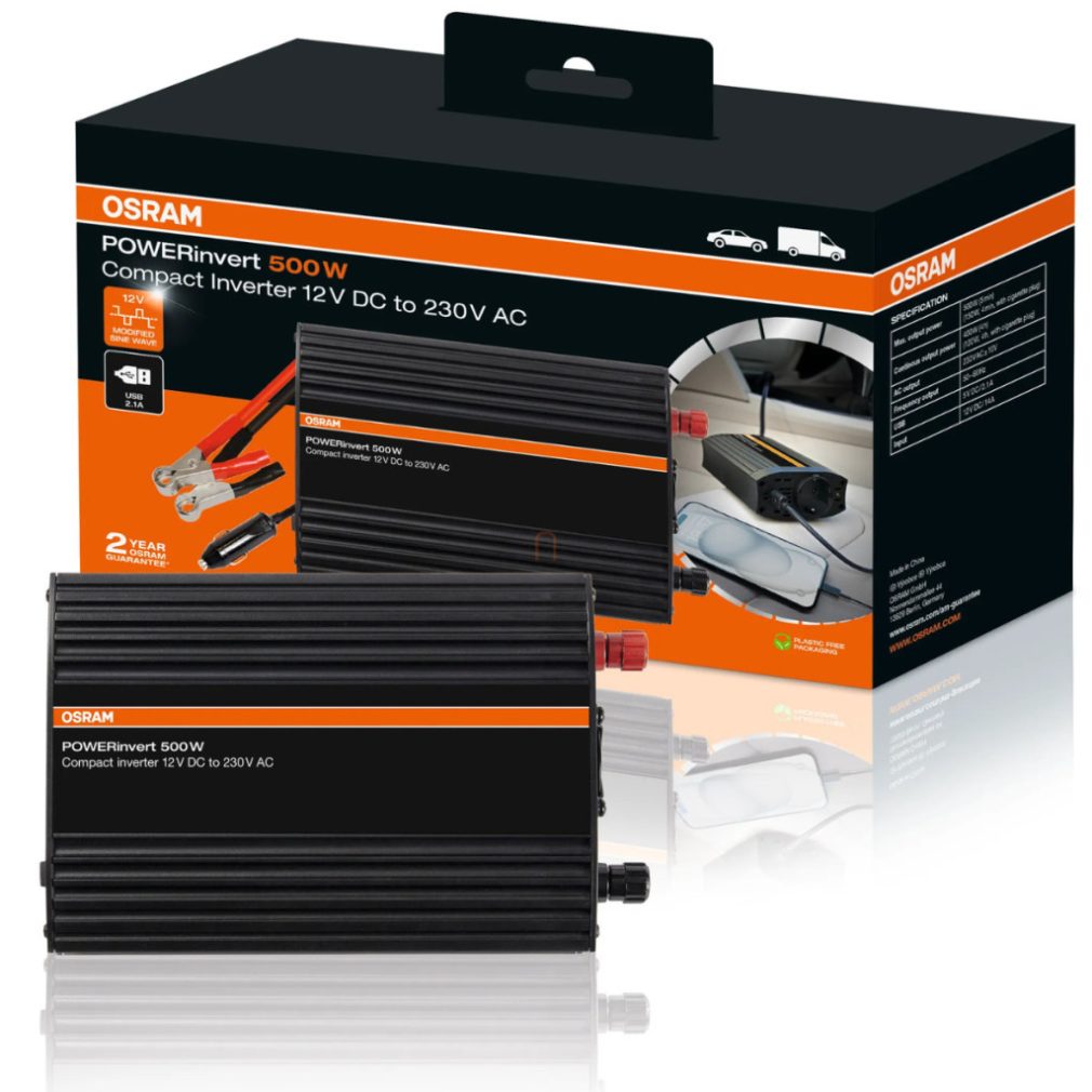 Osram Powerinvert 500W, invertor cu undă sinusoidală modificată de la 12V DC la 230V AC, cu putere continuă de 500W și putere de vârf de 1000W, port USB 2.1A și conexiune cu cleme pentru baterie, OEINVU500